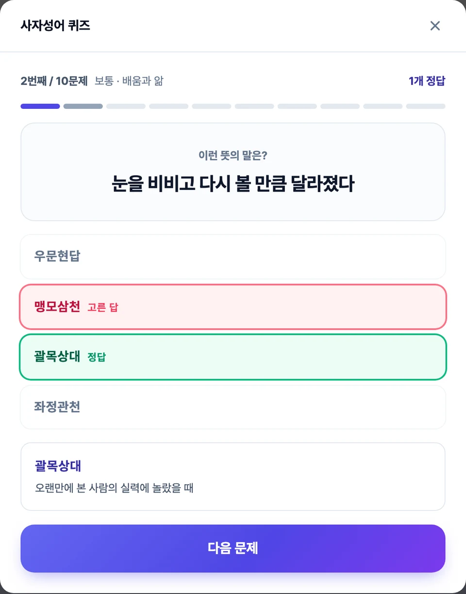 사자성어 퀴즈 화면 — 가운데 뜻 한 줄이 뜨고 아래에 사자성어 네 개가 보기로 놓여 있으며, 답을 고른 뒤 뜻과 쓰임이 함께 나온 모습