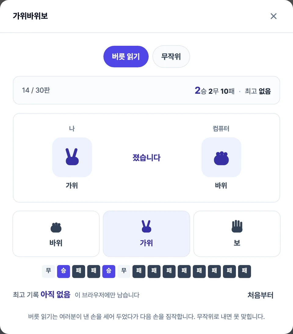 가위바위보 화면 — 왼쪽에 내가 낸 손, 오른쪽에 컴퓨터가 낸 손이 그림으로 나란히 있고 가운데에 결과가 적혀 있다. 아래에는 가위·바위·보 버튼 셋과 지나온 판의 승·무·패 표시가 줄지어 있다